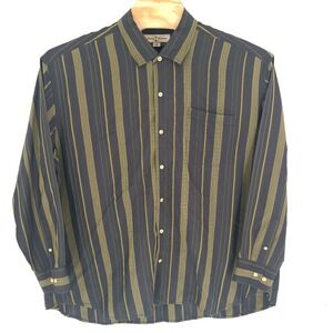 Tommy Bahama Shirt Mens 2XL XXL Black Green Stripe Silk Long Sleeve Button Up